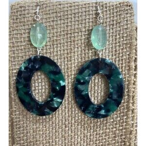 Vintage Artisan Crafted Plastics Green Marbled Resin Large Dangle Earrings